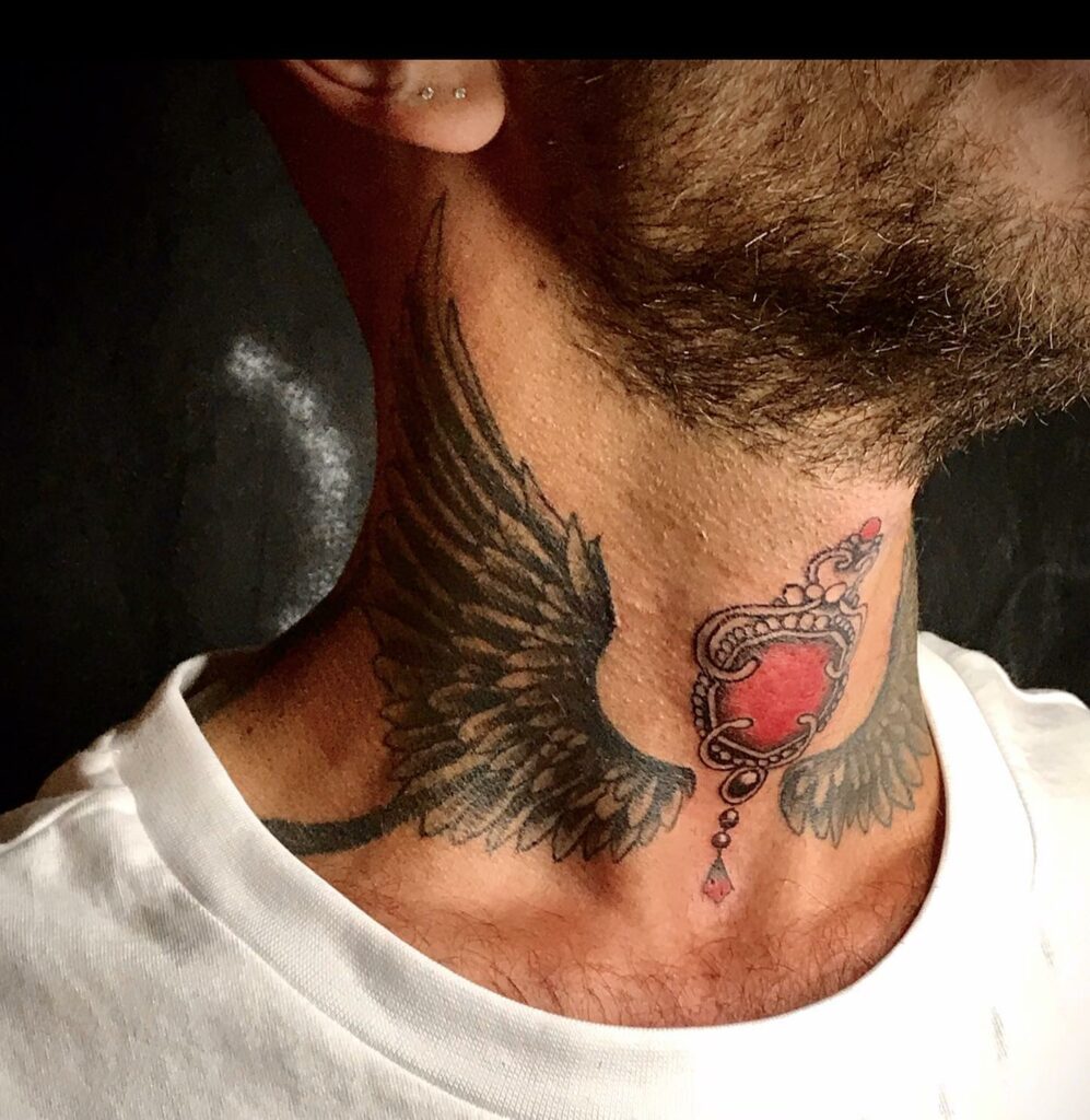 Red And Black Angel Wings Tattoo On The Neck