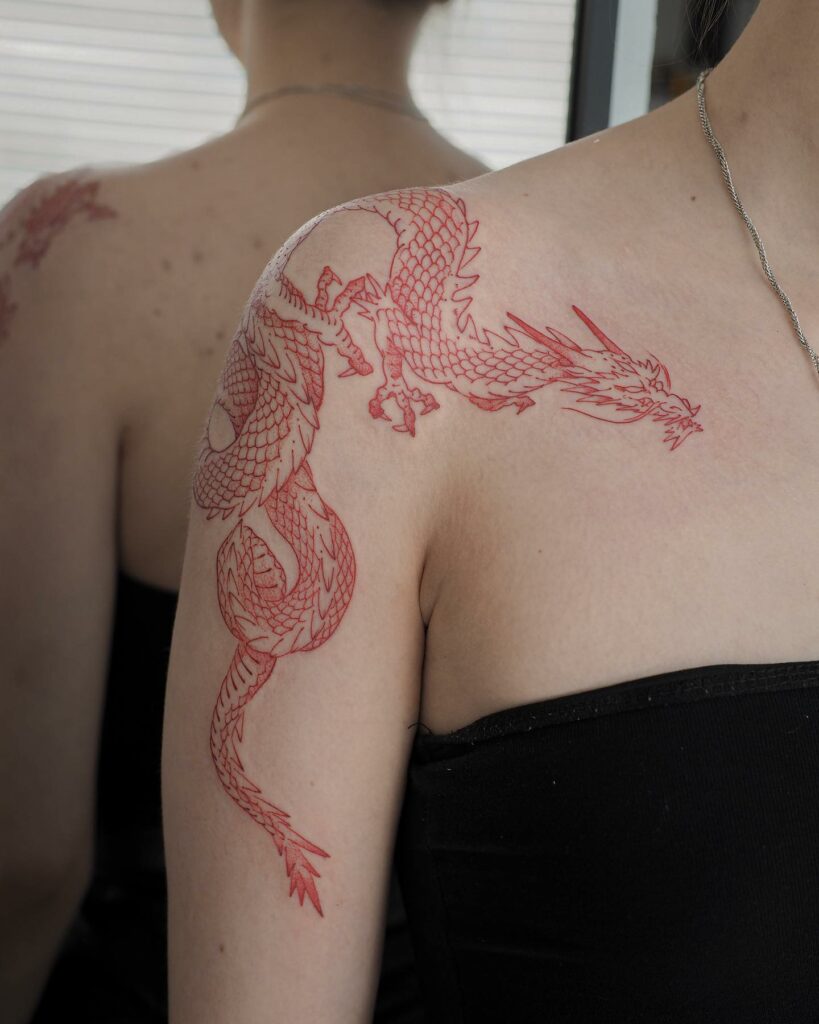 Red Dragon Tattoo On Shoulder
