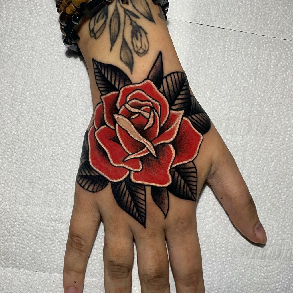 Red Ink Rose Tattoo Stencil For Hand