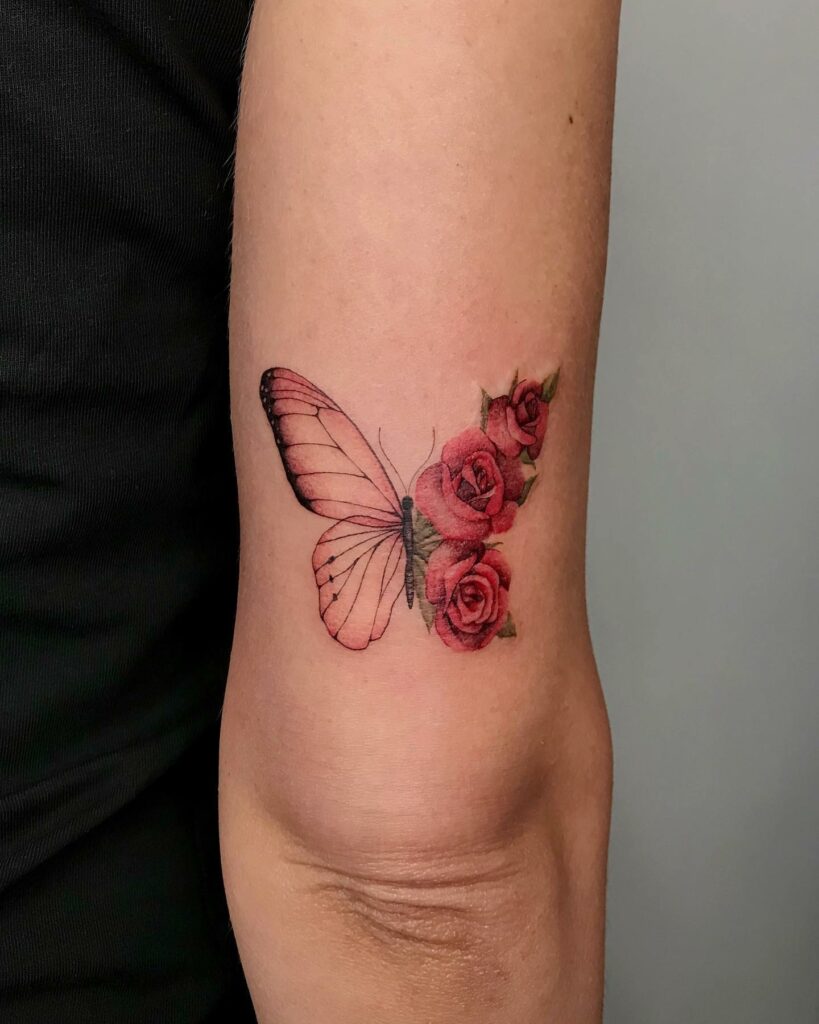 Red Rose And Delicate Butterfly Tattoo