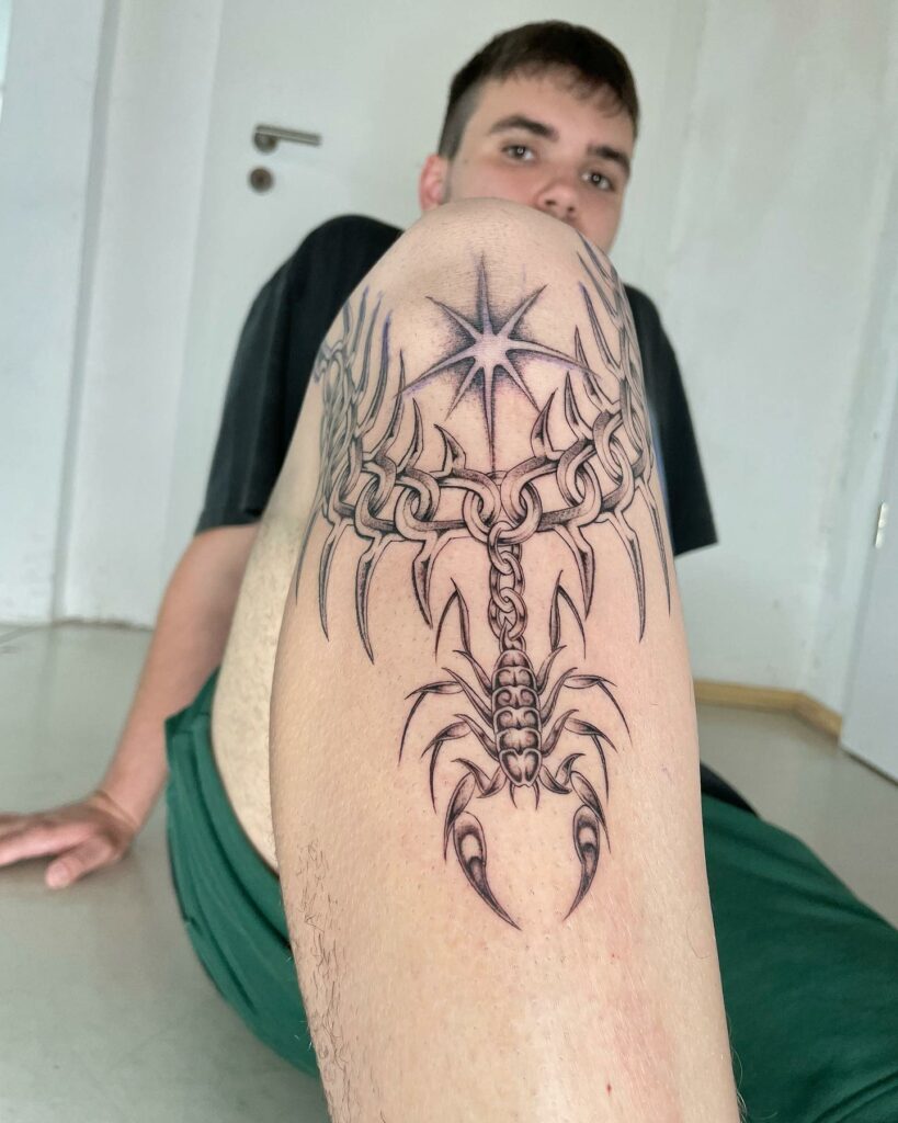 Right Leg Larger Scale Tribal Scorpion Tattoo Outline Design