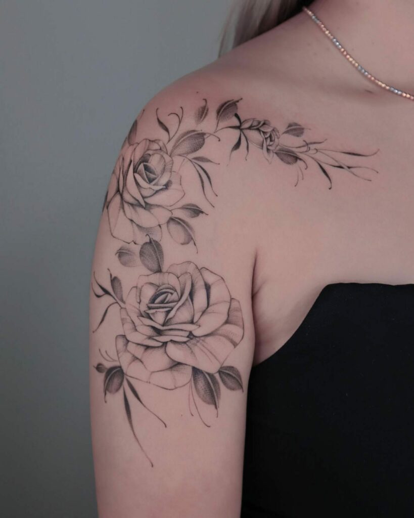 Rose Tattoo Stencil For Shoulder Blade To Upper Arm