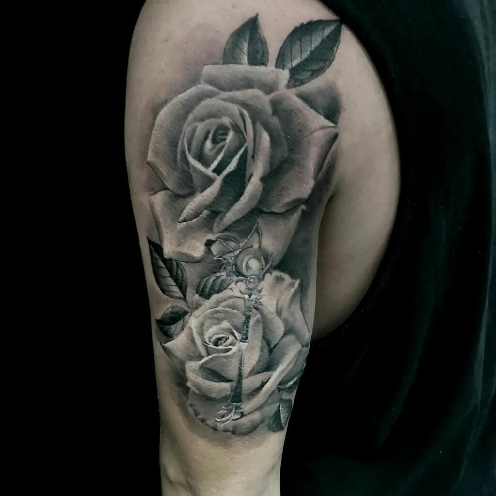 Outline black roses tattoo on the left thigh  Tattoogridnet