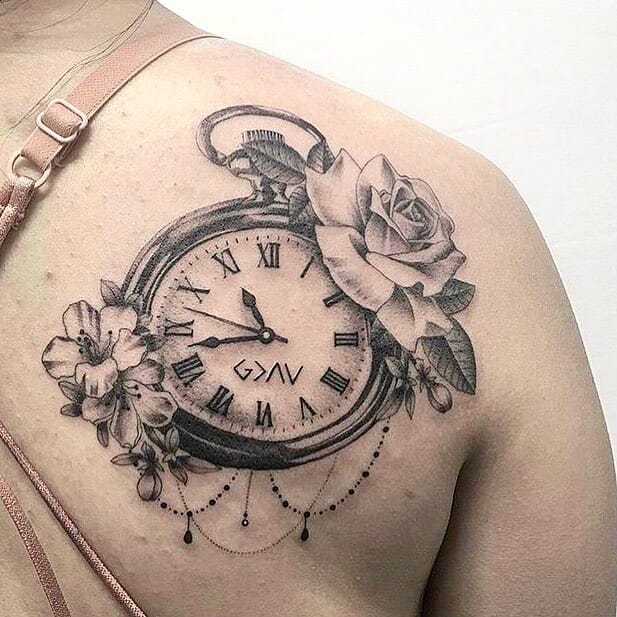 Roses And Pocket Watch Tattoo On Right Bicep