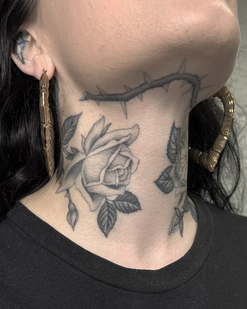 Rose in Full Bloom and Thorns Tattoo