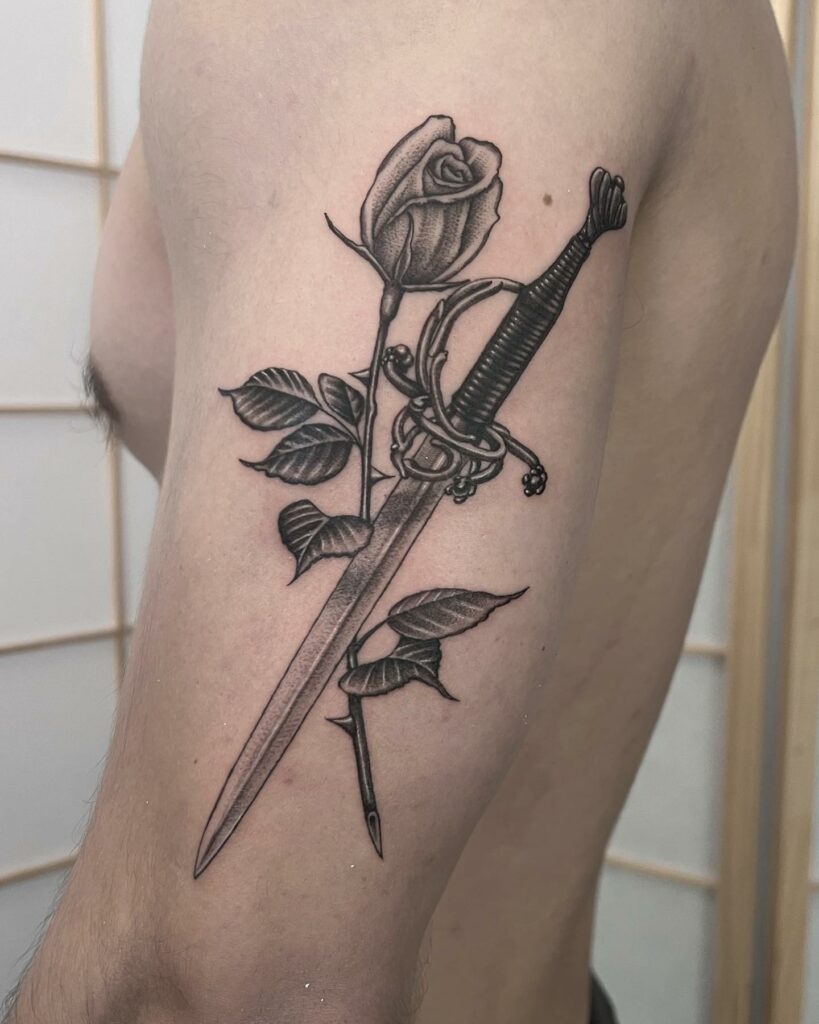 Roses And Sword Tattoo Stencil Art