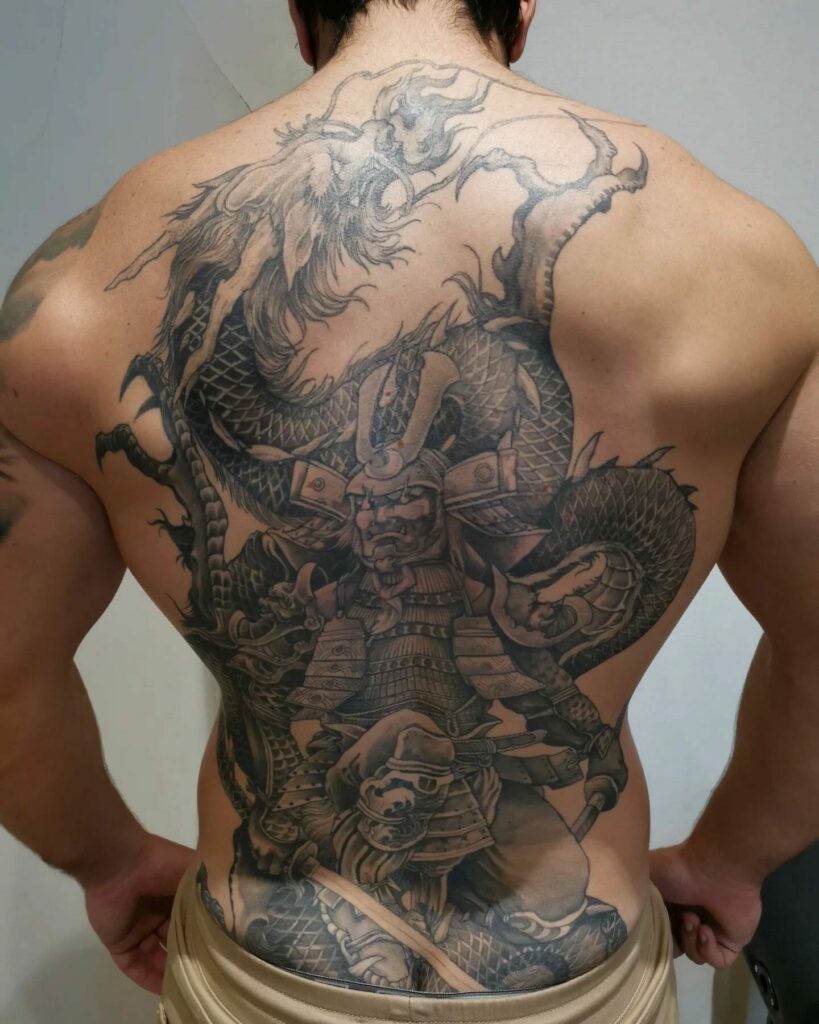 Black And Grey Samurai With Dragon Tattoo On Right Full Sleeve