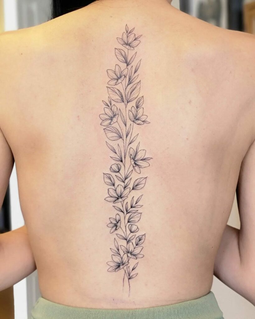 Shaded Floral And Leaf Spine Tattoos For Women