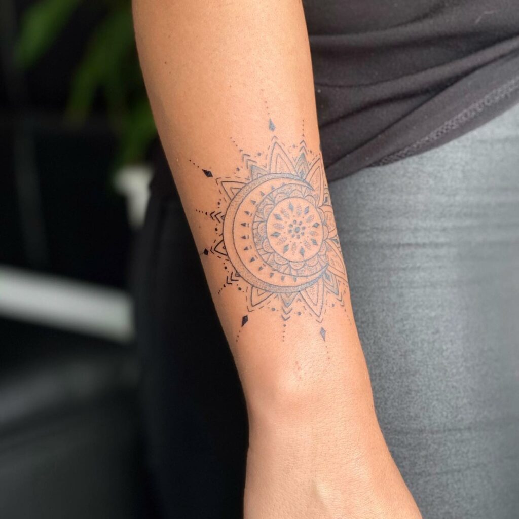 Blackwork Tattoo with Sun Moon Star Sacred Geometry Tattoo Design  Mystic Symbol Stock Vector  Illustration of element pyramid 249335612