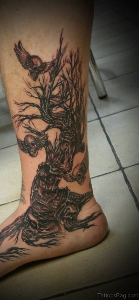 Skull & Tree Leg Tattoo