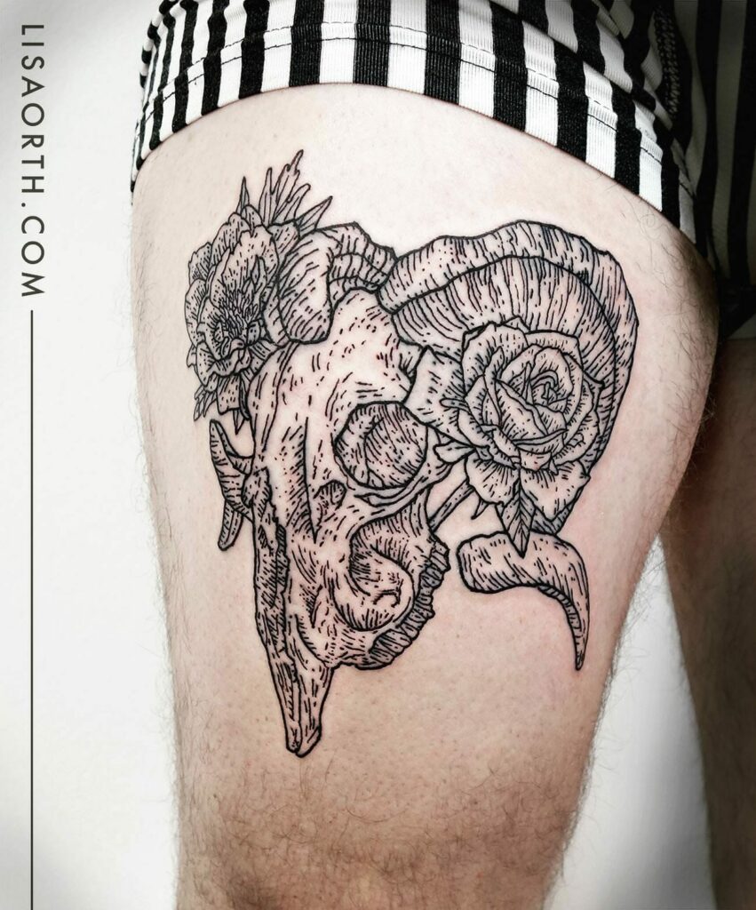 Skull N Flora Thigh Tattoo For Men