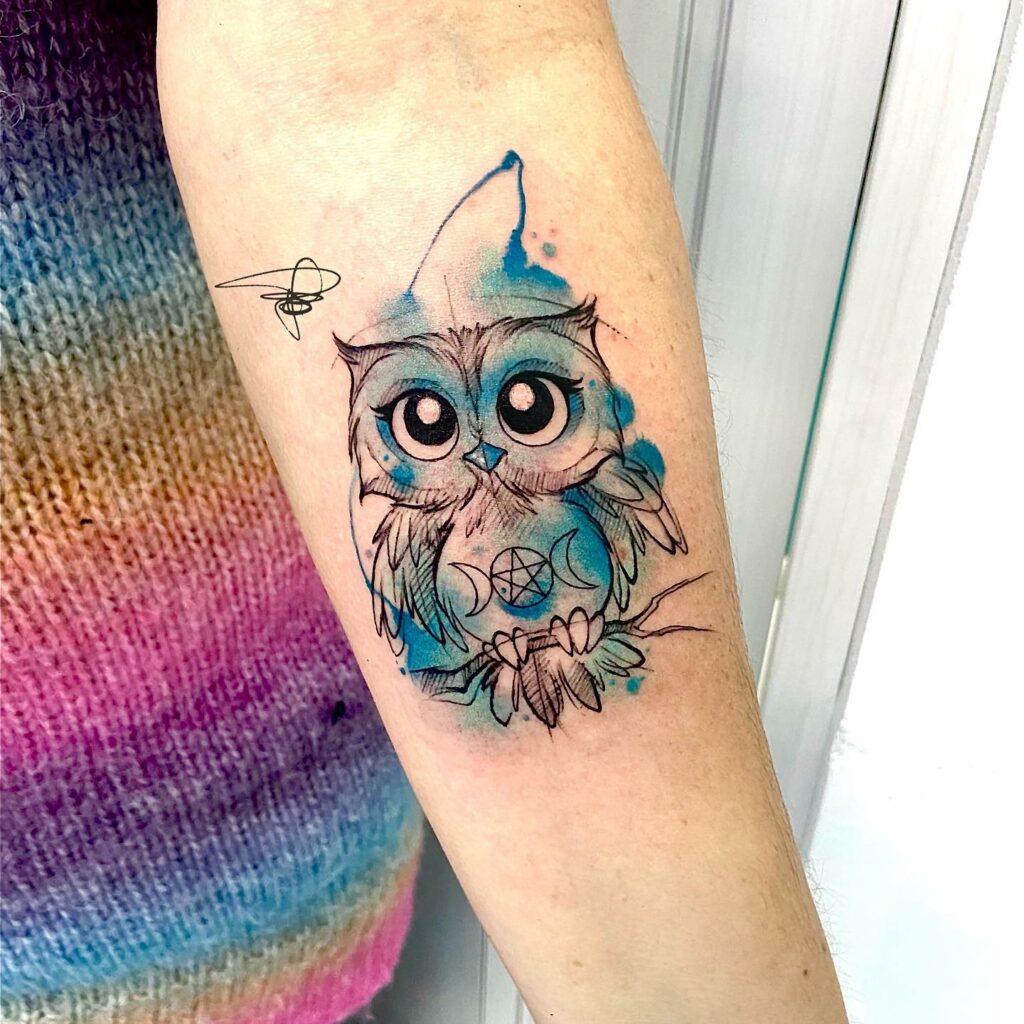 Small Watercolor Owl Tattoo