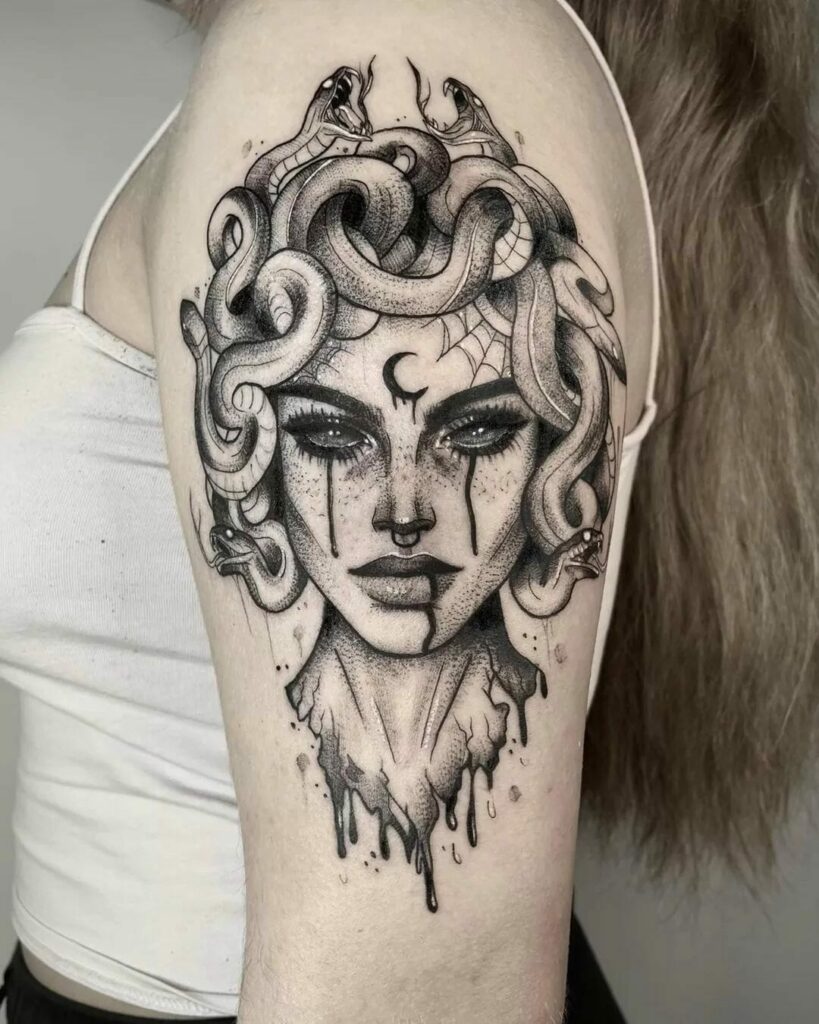 Snake Hair Crescent Moon Medusa Hand Tattoo