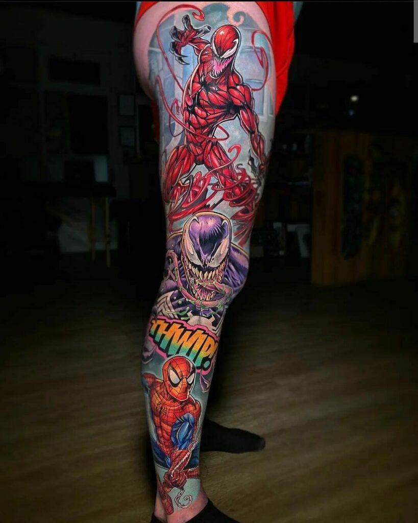 Spidey-Venom-Carnage Tattoo For Leg