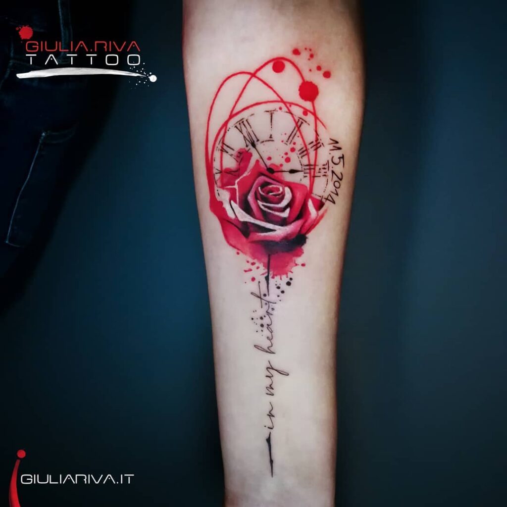 Stunning Red Rose Tattoo With Clock Motif