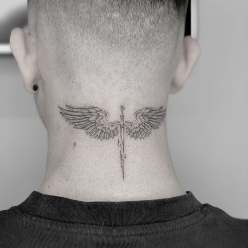 Sword And Wings Back Neck Tattoo