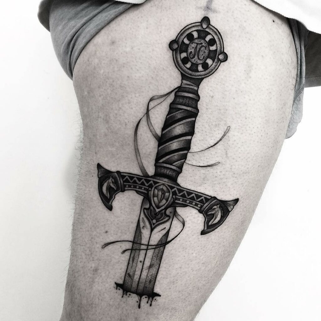 Sword Thigh Tattoo For Men