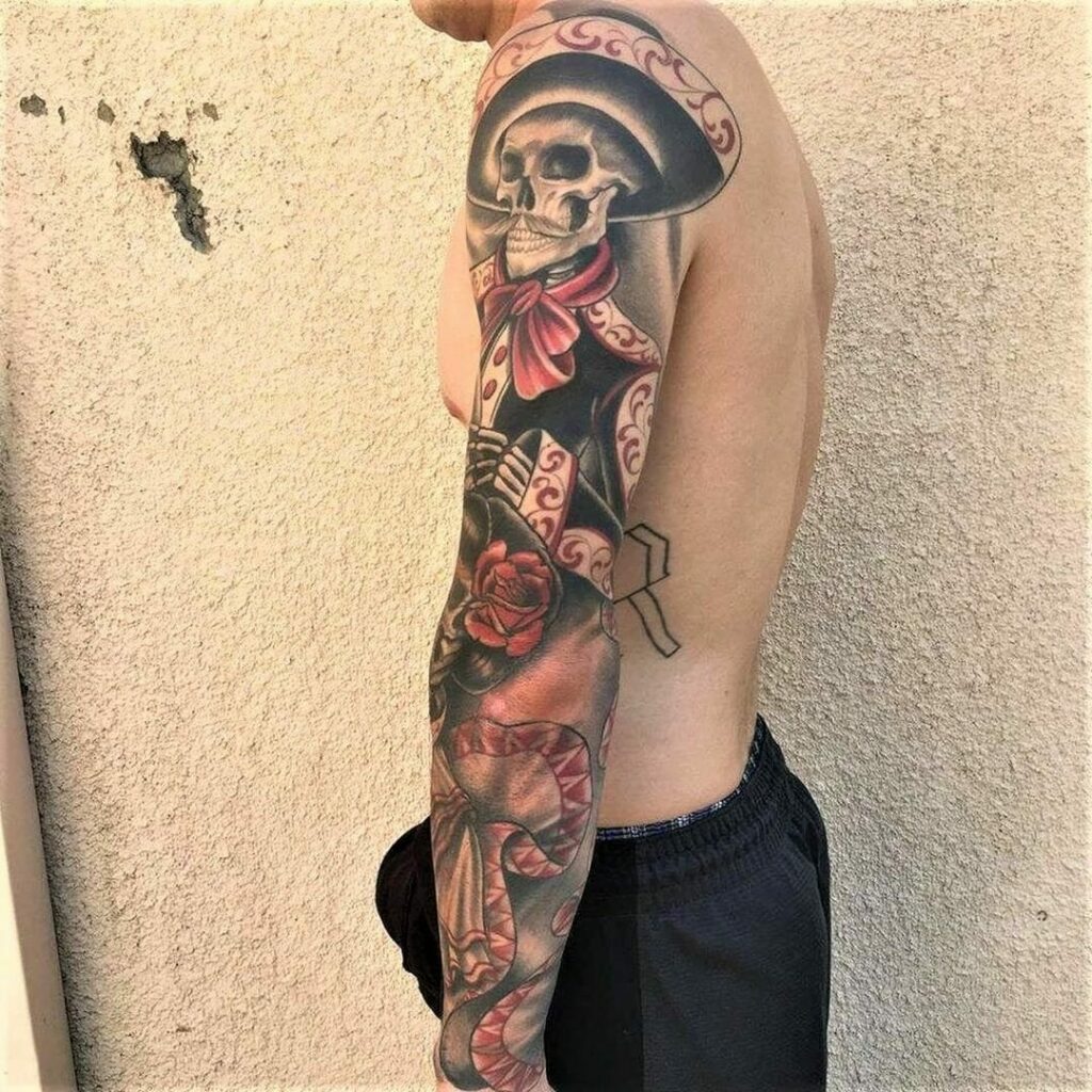Tattoo Sleeve Background Shading For Guitarist Skeleton