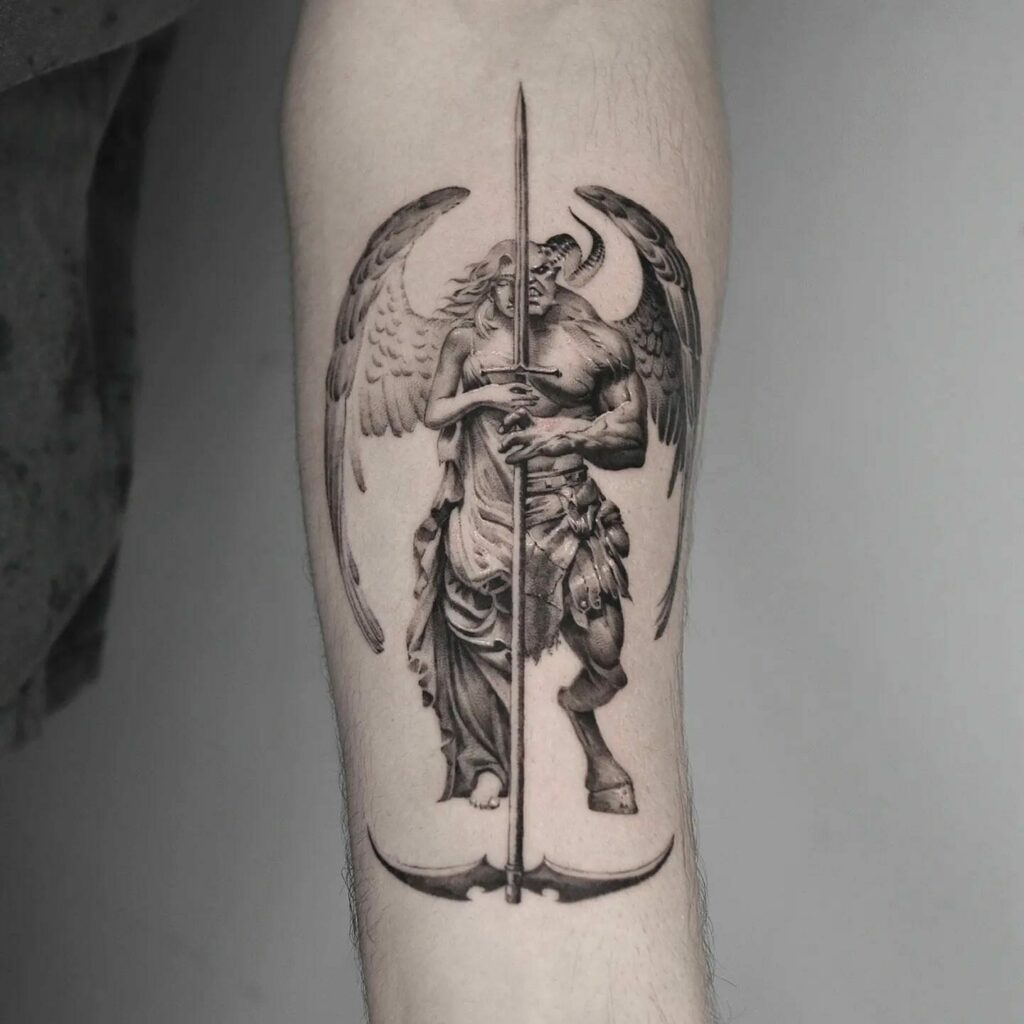 Angel Fighting With Demon Tattoo On Left Half Sleeve