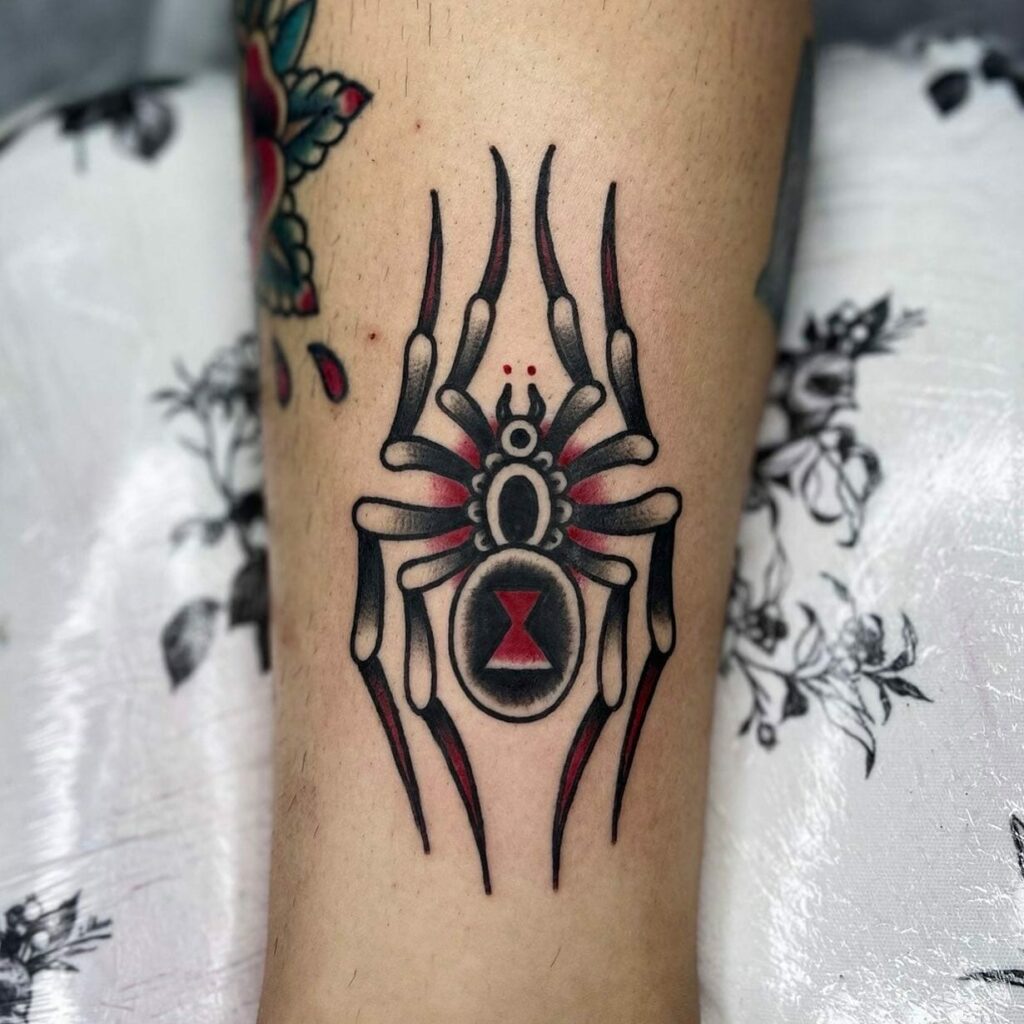 The Black Widow Tattoo with Red Hourglass Design
