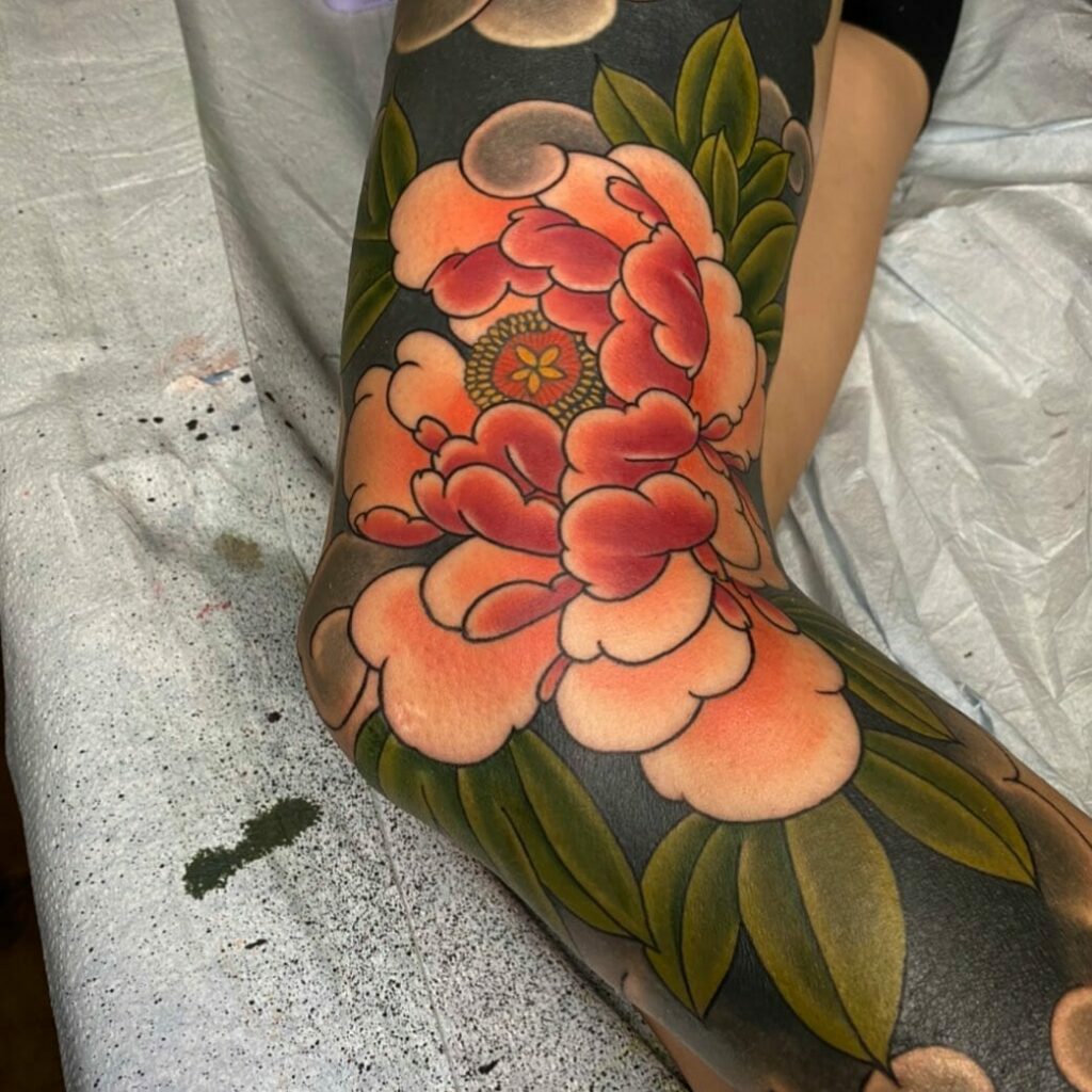 Tattoo tagged with flower outline handshake leg knee peony   inkedappcom