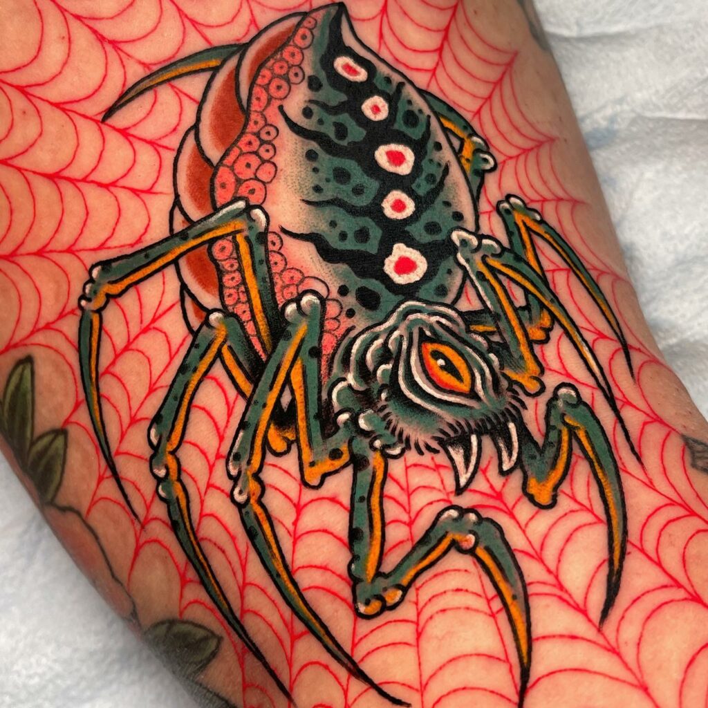 The Traditional Black Widow Spider and Web Tattoo