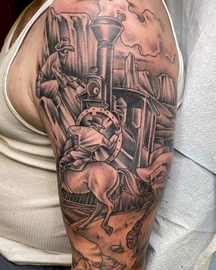 14 Western Tattoo Ideas To Inspire You   The Train Robbery 819x1024 