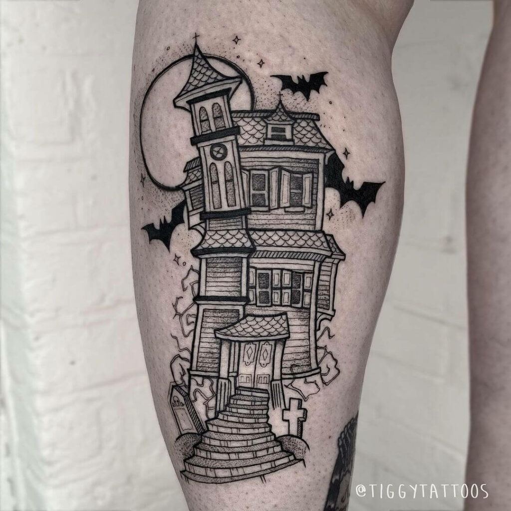 25 Traditional Haunted House Tattoo