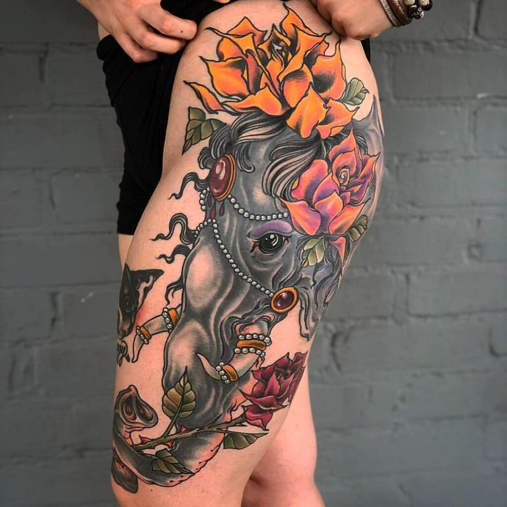 Thigh Elephant Tattoo With Flowers