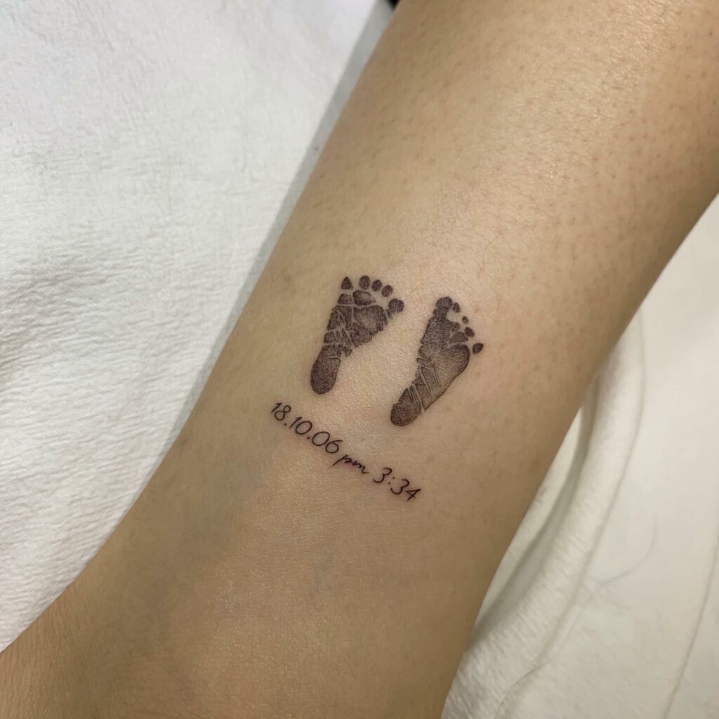 Tiny Baby Footprint and Time of Birth Tattoo Ideas