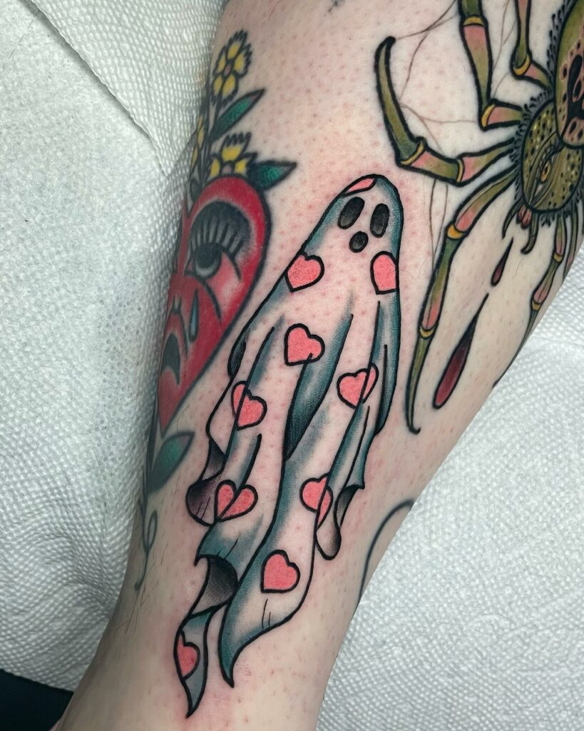 Tiny Ghost With Little Hearts Tattoo