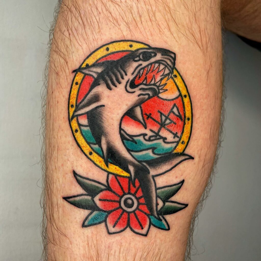 Traditional American Shark Tattoo With A Flower Tattoo Design