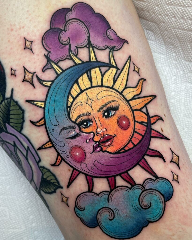 Traditional Blood Moon And Sun Tattoo