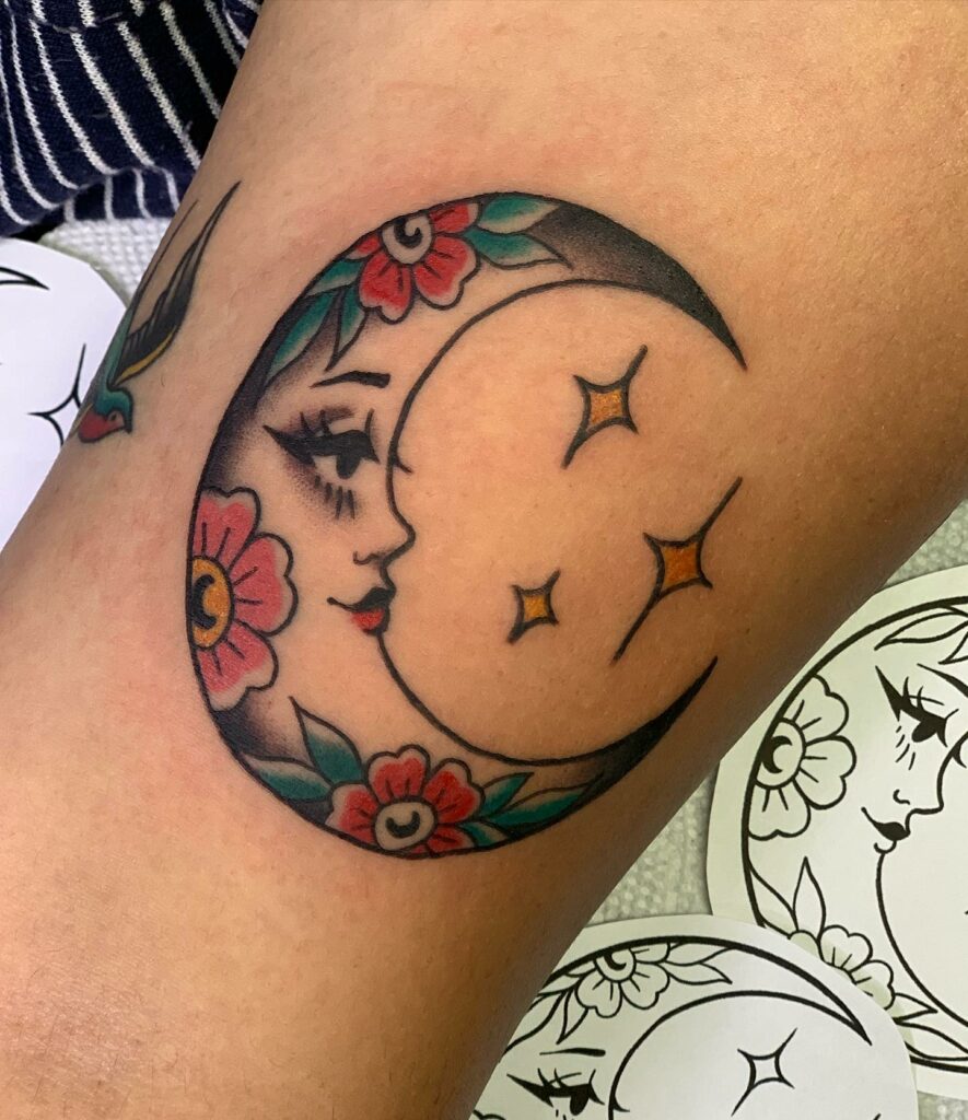 Traditional Crescent Moon Tattoo Design With Floral Additions