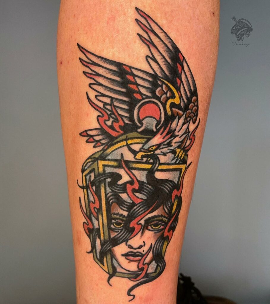 Traditional Eagle Tattoo And Gipsy Head Design