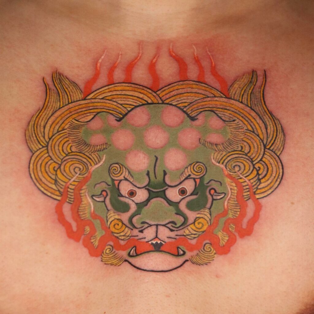 Traditional Foo Dog Chest Tattoo