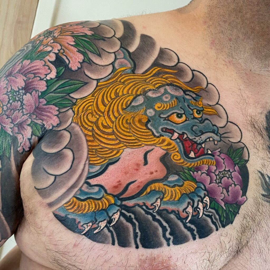 First session of my Foo dog chest piece Done by Luke Davis out of Gold  Star Tattoo Portland Maine  rirezumi