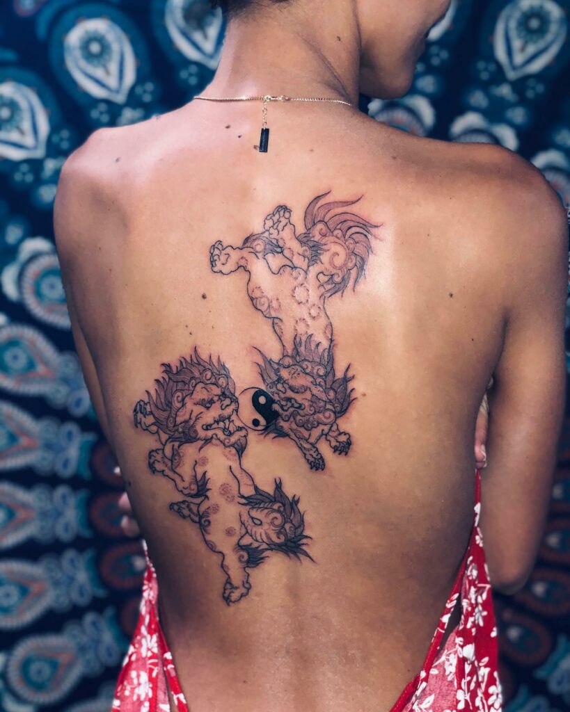Traditional Foo Dog Tattoo On Back