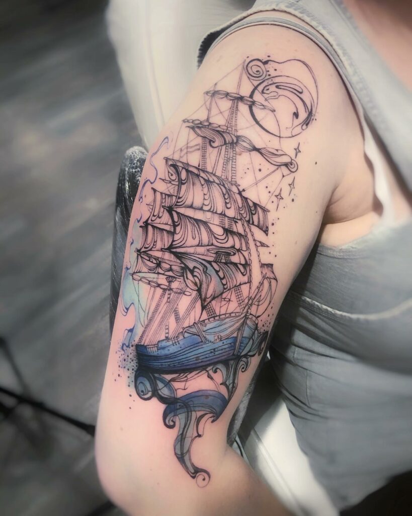 Black Ink Traditional Pirate Ship Tattoo On Man Right Side Rib  Ship tattoo  Pirate ship tattoo Pirate ship tattoos