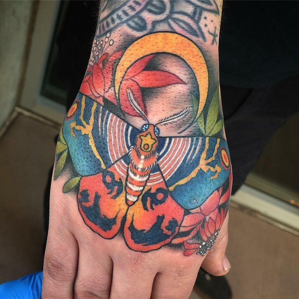 Traditional Hand Mothra Tattoo
