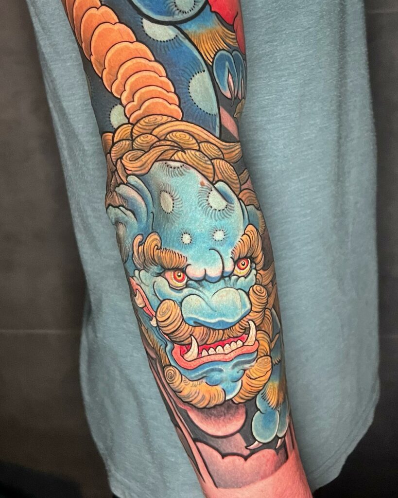 Traditional Japanese Foo Dog Tattoo On Sleeve ideas