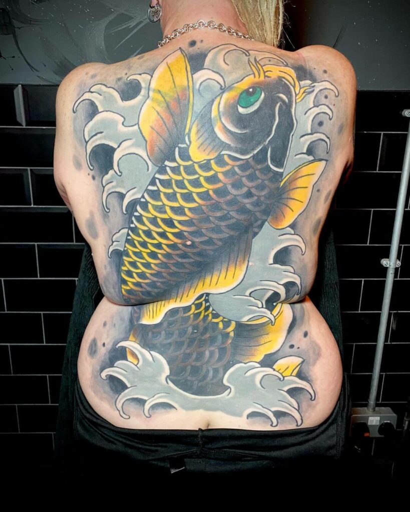 Traditional Japanese Koi Fish Full Back Tattoo