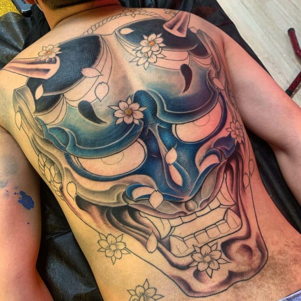 Traditional Japanese Mask Full Back Tattoo