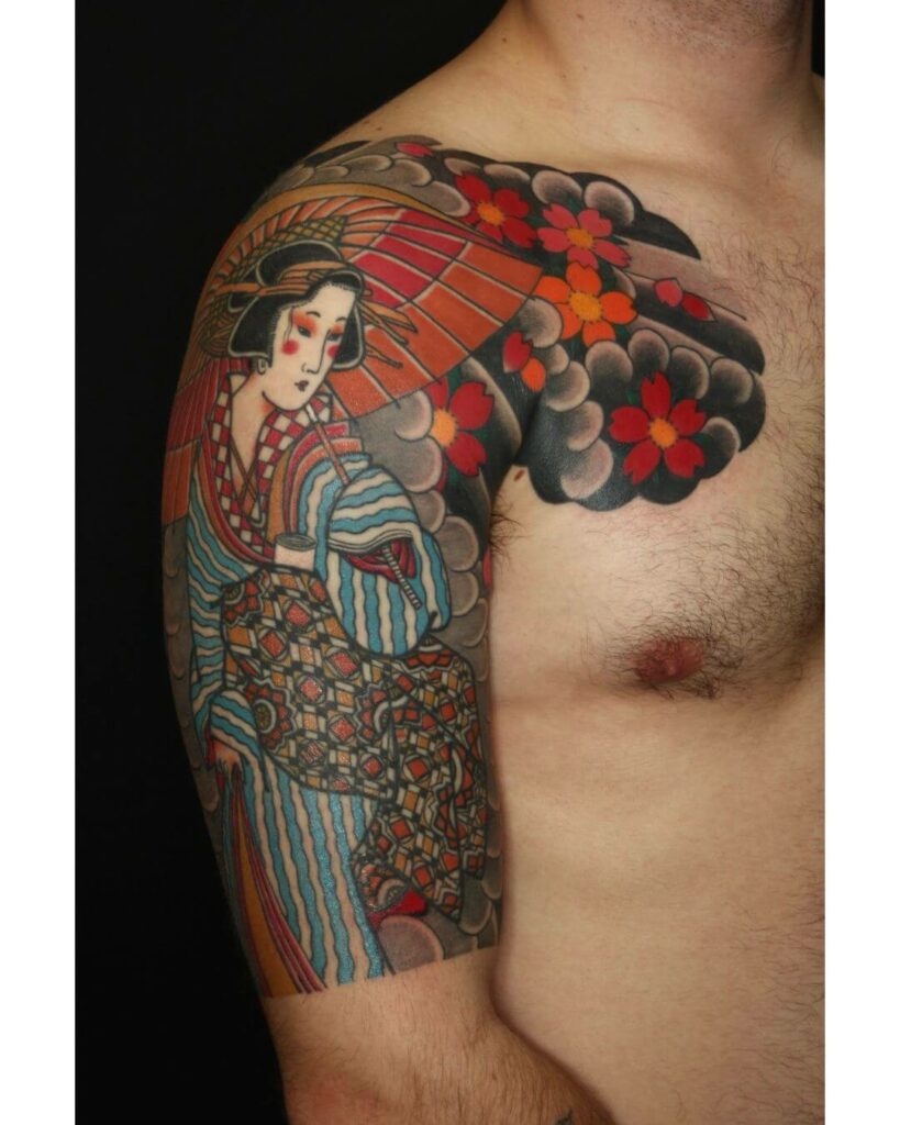 Traditional Japanese Woman Hikae Chest Tattoo