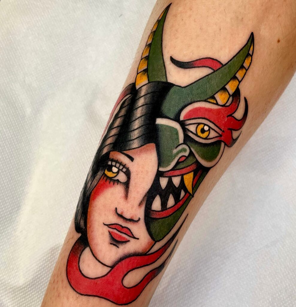 Traditional Lady Devil Face Tattoo