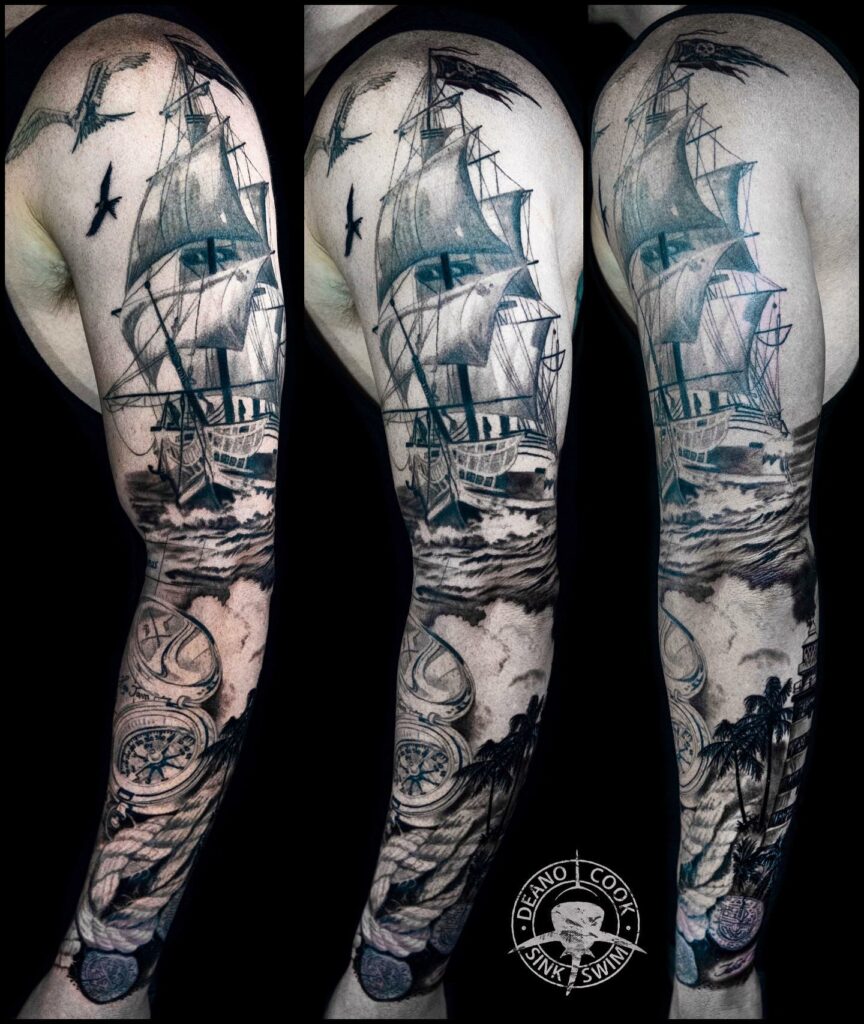 prompthunt A realistic tattoo design sketch of a pirate ship white  background black and white highly detailed tattoo shaded tattoo