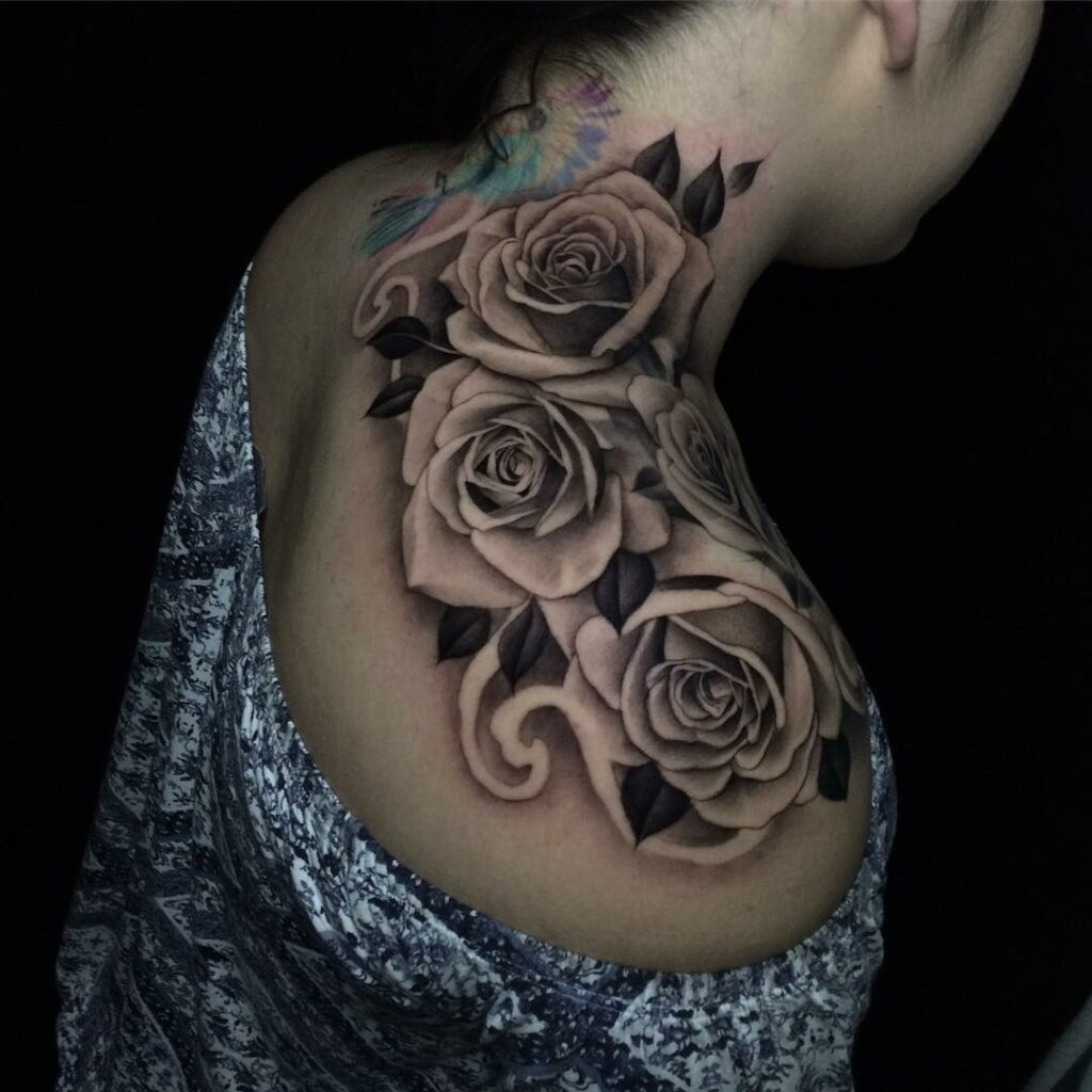 Traditional Rose Tattoo On Shoulders