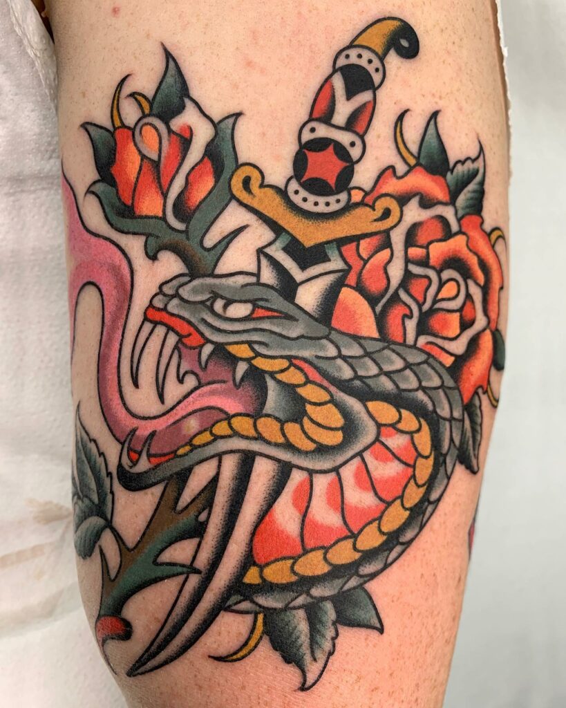 Traditional Snake Tattoo With Traditional Dagger Tattoo 