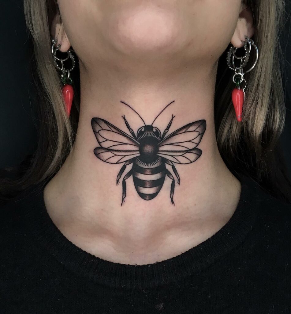 Trendy Bee Neck Tattoo