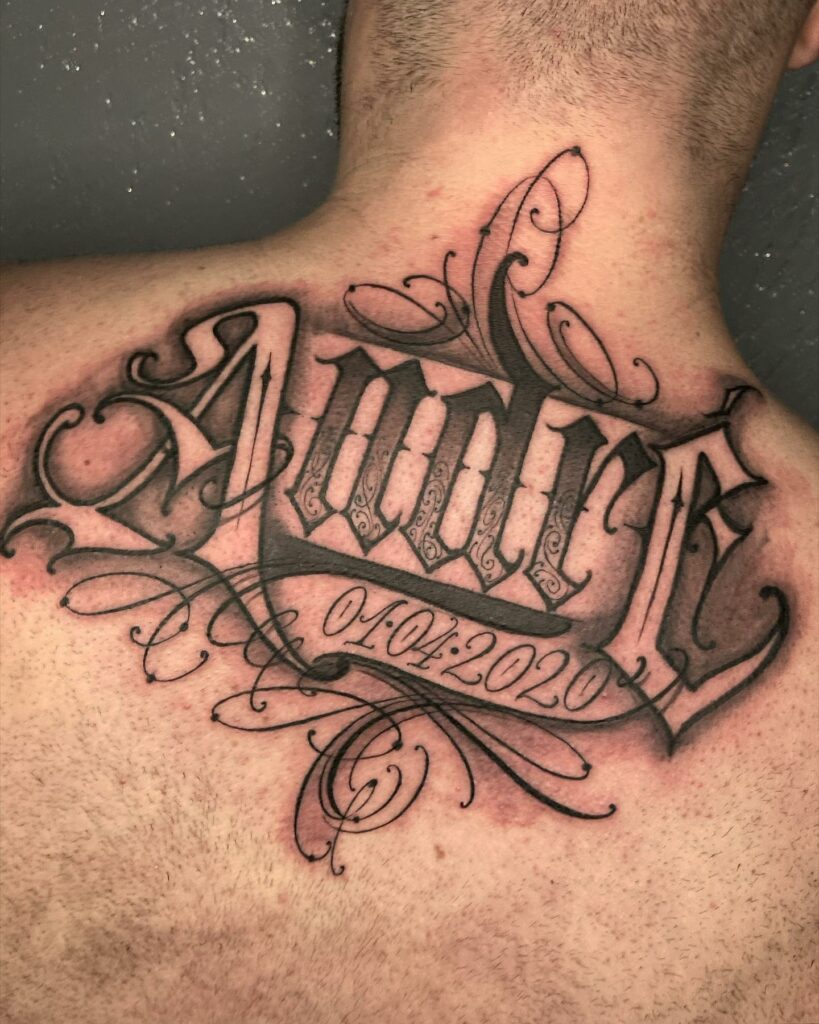 Tribute Name On Neck Tattoo
